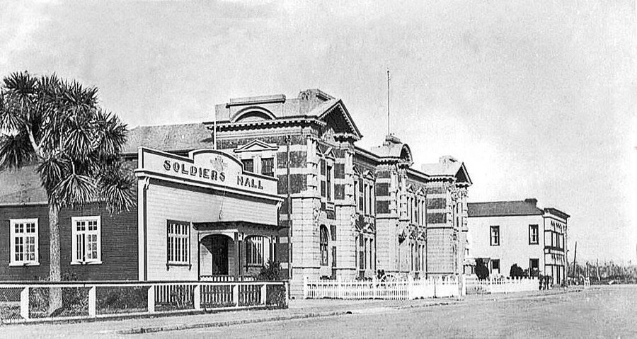 Troops on parade outside the Drill Hall