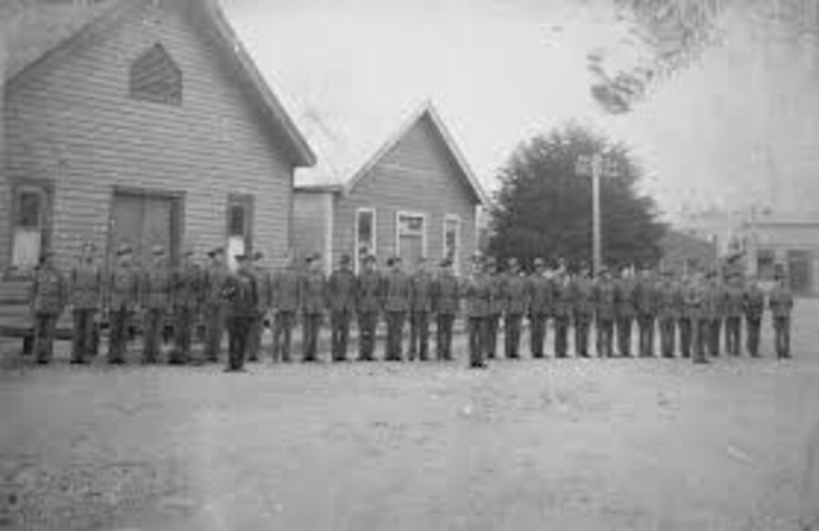 Troops on parade outside the Drill Hall